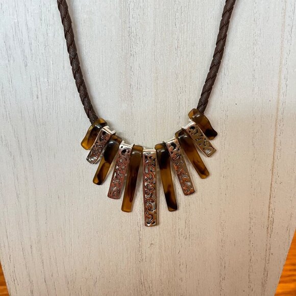 Brown Braided Necklace With Amber & Silver-Toned Pendants Adjustable Length - Picture 4 of 5